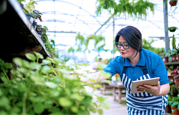 Smiling barista checking out customer paying with credit card.